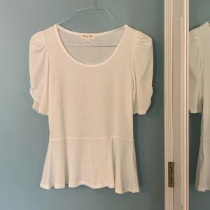 White Scoop Neck, Puff Sleeve, Ribbed Peplum Top, Size Large